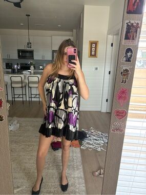 MKM Designs Black, Purple, and Cream Floral Pleated Mini Dress